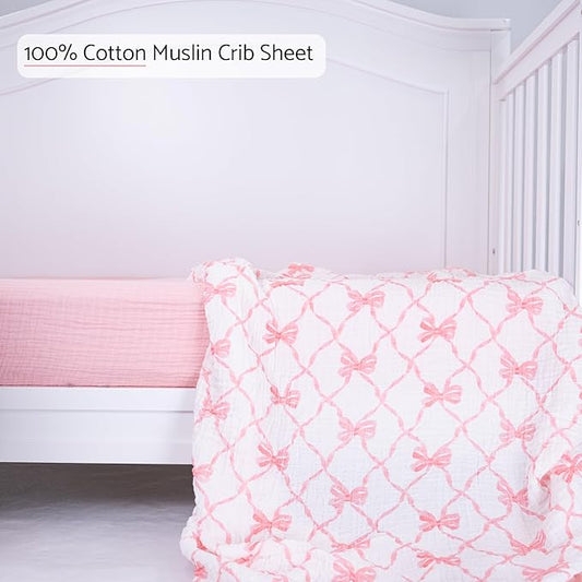 LollyBanks Muslin Crib Sheet 1 Pack, Soft and Breathable 100% Cotton Crib Fitted Sheets for Girls, Cozy and Snug Baby Sheet for Standard 52"x28" Mattress, Baby Bedding Essentials (Pink Bow Print)