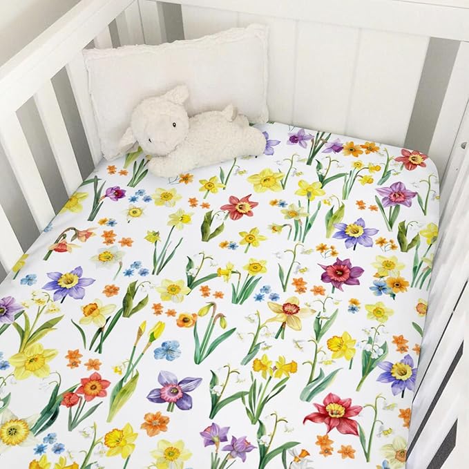 Watercolor Flowers Baby Crib Sheet 52''x28'' Colorful Floral Leaves Stretchy Fitted Crib Mattress Cover for Boy Girl Wild Plants Soft Nursery Baby Sheets for Standard Crib and Toddler Mattresses