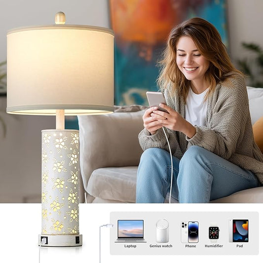 Cinkeda Set of 2 Rustic Table Lamps for Living Room Bedroom, Vintage Farmhouse Nightstand Lamp with 2 USB Ports, Hollow Out Metel Lamp for End Table with Nightlight (Retro White)