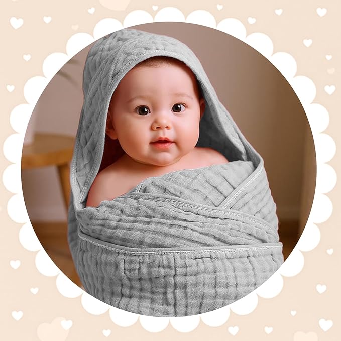 Peryiter 6 Pcs Muslin Hooded Baby Towels, 32x 32'' Cotton Newborn Bath Towel Muslin Infant Baby Blankets Absorbent Unisex Christmas Registry Gift Essentials for Girls Boys (Gray Series)