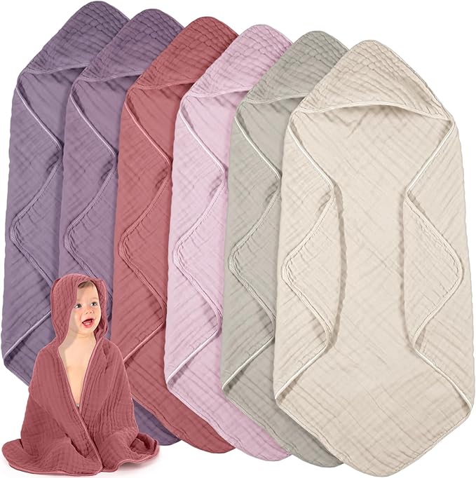 Peryiter 6 Pcs Muslin Hooded Baby Towels, 32x 32'' Cotton Newborn Bath Towel Muslin Infant Baby Blankets Absorbent Unisex Christmas Registry Gift Essentials for Girls Boys (Brown Series)