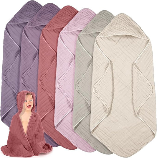 Peryiter 6 Pcs Muslin Hooded Baby Towels, 32x 32'' Cotton Newborn Bath Towel Muslin Infant Baby Blankets Absorbent Unisex Christmas Registry Gift Essentials for Girls Boys (Brown Series)