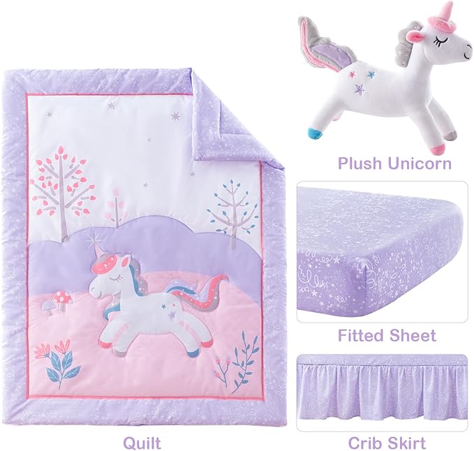4-Piece Crib Bedding Set for Baby Boys Girls, Infant Toddler Nursery Baby Bedding Sets Includes Cartoon Quilt, Fitted Crib Sheet, Crib Skirt and Plush Unicorn Toy