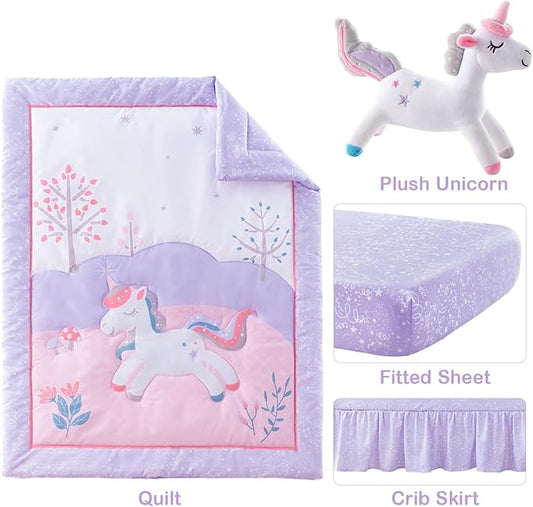 4-Piece Crib Bedding Set for Baby Boys Girls, Infant Toddler Nursery Baby Bedding Sets Includes Cartoon Quilt, Fitted Crib Sheet, Crib Skirt and Plush Unicorn Toy