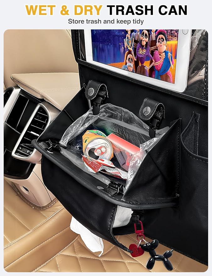 Drsvabze 2-Pack Leather Car Backseat Organizer with Tablet Holder–Foldable Food Tray,Storage Pockets,Trash Can,Tissue Holder & Insulated Bag–Kick Mats Protector for Kids,Travel Accessories Organizer