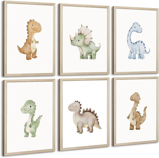 Dinosaur Nursery Wall Art Kids Canvas Poster Boys Room Wall Decor Watercolor Dino Wall Art Toddler Baby Pictures Dinosaur Prints Nursery Artwork for Boys Room Bedroom 12x16x6 Inch Wood Framed