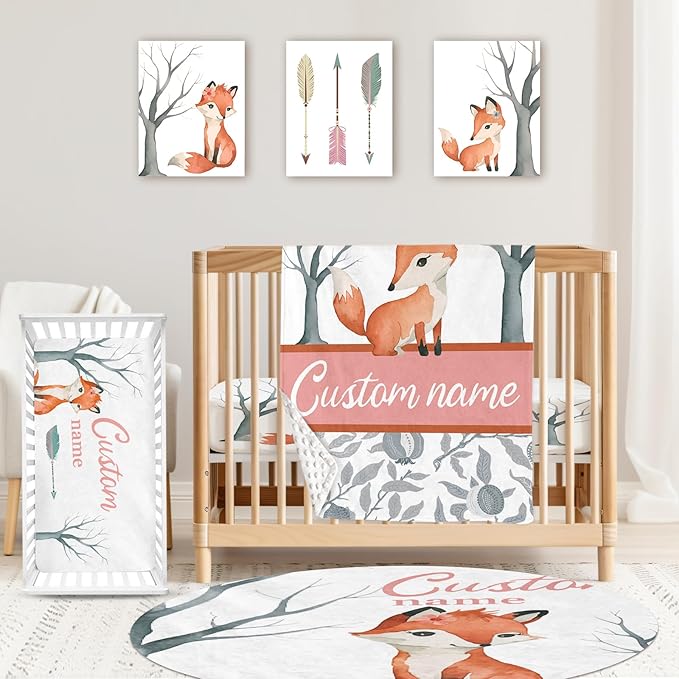Personalized Baby Crib Bedding Set: 4 Piece Custom Fox Pattern Crib Bed Set with Name, Nursery Bedding Set for Baby Girls, Newborn Boys Crib Sets, Crib Bedding Custom Gift, Crib Sheet