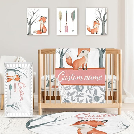 Personalized Baby Crib Bedding Set: 4 Piece Custom Fox Pattern Crib Bed Set with Name, Nursery Bedding Set for Baby Girls, Newborn Boys Crib Sets, Crib Bedding Custom Gift, Crib Sheet