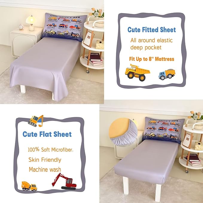 4 Piece Toddler Bedding Set for Boys,Cars Construction Toddler Bed Comforter Set Includes Comforter,Flat Sheet,Fitted Sheet and Pillowcase,Christan Trucks Tractors Bed in A Bag for Kids Bedroom