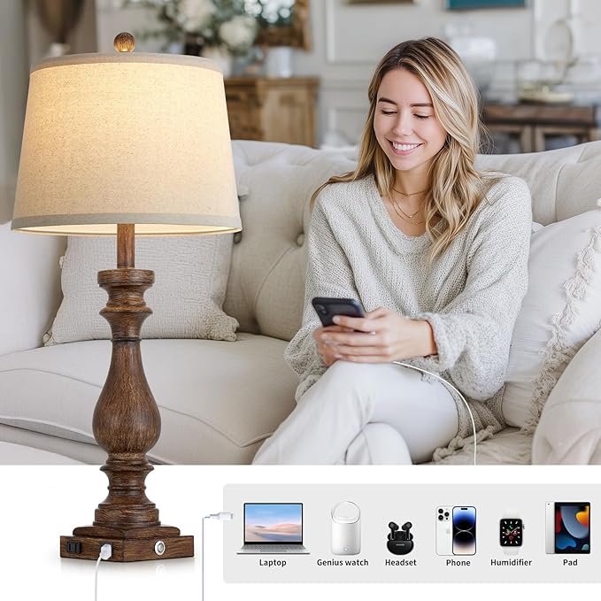 luxeflow 29" Tall Vintage Table Lamps Set of 2,Farmhouse Bedside Lamps with USB C+A Ports & AC Outlet,3-Way Dimmable Touch Lamp for Night Stands Living Room Bedroom,Brown