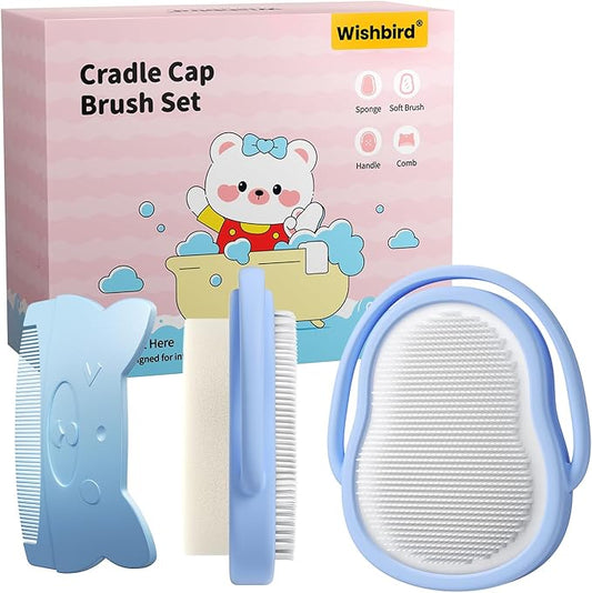 Baby Cradle Cap Brush & Comb Set, 3-in-1 Scalp Brush, Curved Comb & Soft Sponge | BPA-Free Cradle Cap Treatment Kit for Newborns & Infants 0-12 Months, Flakes Removal, Light Blue