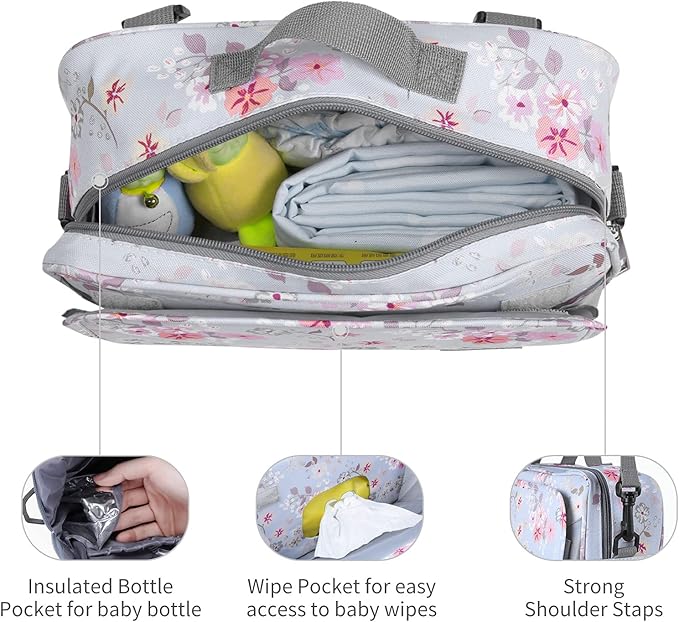 GOGOSO Baby Stroller Organizer Bag with Insulated Pocket, Universal Fit Most Strollers, Space for Diapers, Wipes & Toys, Flowers