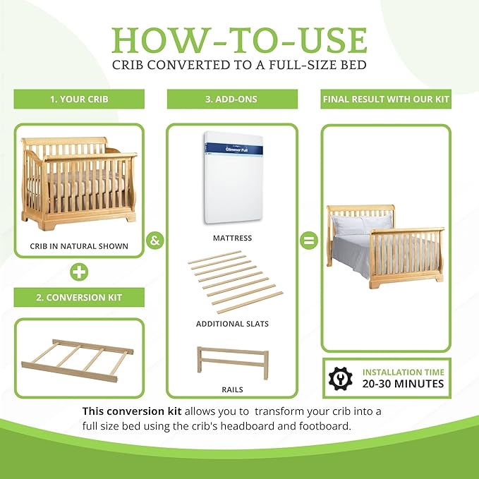 Full-Size Conversion Kit Bed Rails for Evolur Cribs - Solid Wood Crib Convertible Kit to Kids Bed - Transitional Style Rails & Easy-to-Install Child Essentials for Safety (Unfinished)