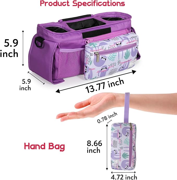 Universal Stroller Organizer with Insulated Cup Holders and Detachable Phone Bag,Stroller Caddy Fits for Stroller Accessories like Uppababy, Baby Jogger, Doona, Nuna Stroller (Purple Sloth)