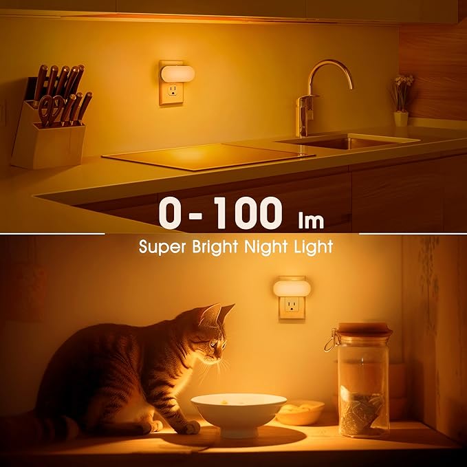 DORESshop Amber Night Light, Auto On/Off, 0-100 LM Adjustable Brightness, Dimmable Plug Into Wall Light Sensor Night Light for Kids Room, Bedroom, Stair Lights, Amber, 1W, 2 Pack