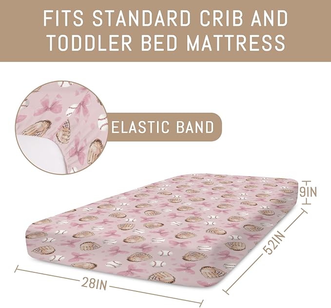 Pastel Pink Baseball Bows Baby Crib Sheets for Boys Girls Watercolor Girly Baseball Soft Snug Fitted Crib Mattress Covers for 52''x28'' Standard Crib & Toddler Mattresses Outdoor Sports Bed Sheets