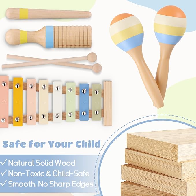 Montessori Wooden Musical Instruments for Toddlers 1-3, Baby Music Toy Set with Xylophone, Tambourine, Triangle, Clarinet, Maracas, Natural Sensory Educational Toys for Boys and Girls