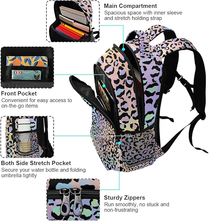 MNSRUU School Backpack with Chest Strap, Leopard Print Laptop Backpack, Travel Hiking Backpack for Boys Girls, Rucksack, Knapsack