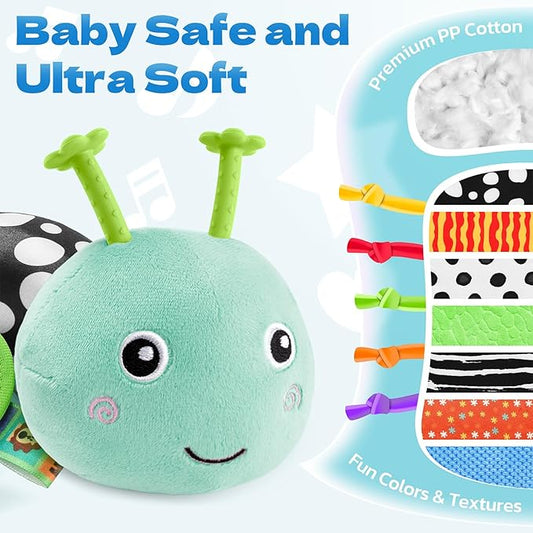 HEMRLY Baby Sensory Toy 0-6 Months, Musical Stuffed Caterpillar Plush with Teether, Crinkle, Rattle, Baby Mirror for Tummy Time, Infant Car Seat Toy for 0-3-6-12 Month Boys Girls Gifts - Knotted Blue