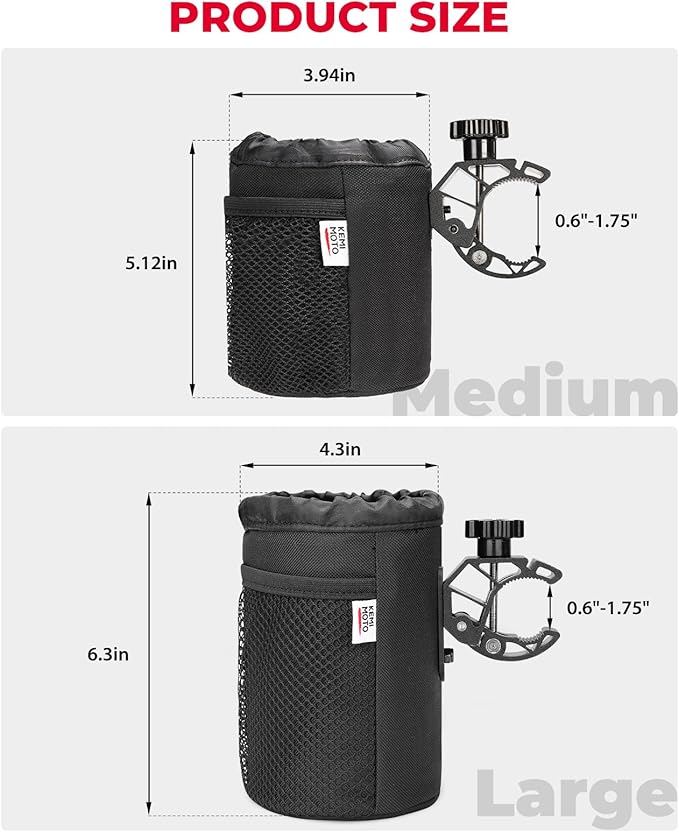 KEMIMOTO Motorcycle Cup Holder, Oxford Fabric Motorcycle Drink Holder with 0.6"-1.5" Alligator Clamp, Universal Water Bottle Cup Accessories for Bike, ATV/UTV, Scooter, Boat, Walker, Black L