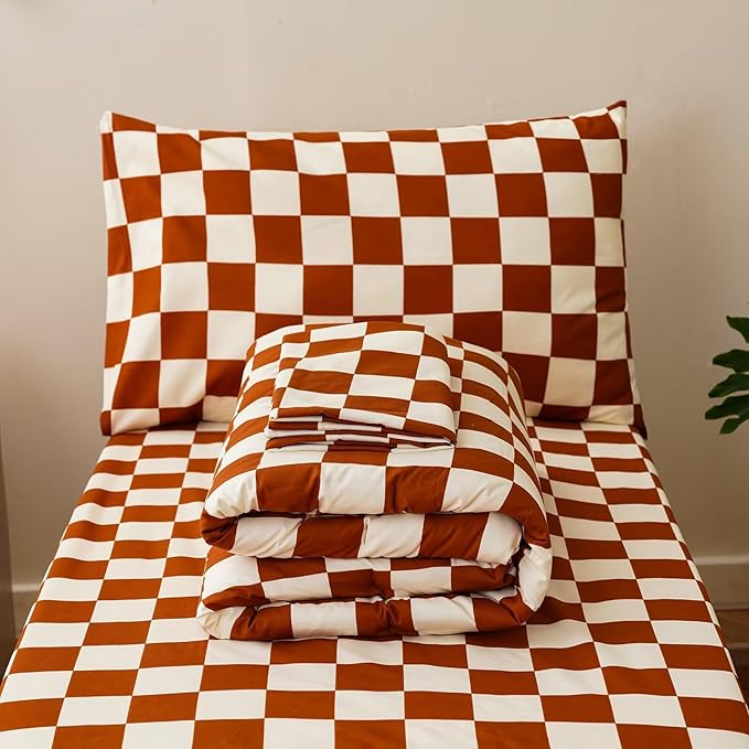 CLOTHKNOW 4 Pieces Plaid Toddler Bedding Sets for Boys, Brown Beige Bear Cartoon Pattern, Soft Crib Bed Set Including Comforter, Flat Sheet, Fitted Sheet and Pillowcase, Brown Beige