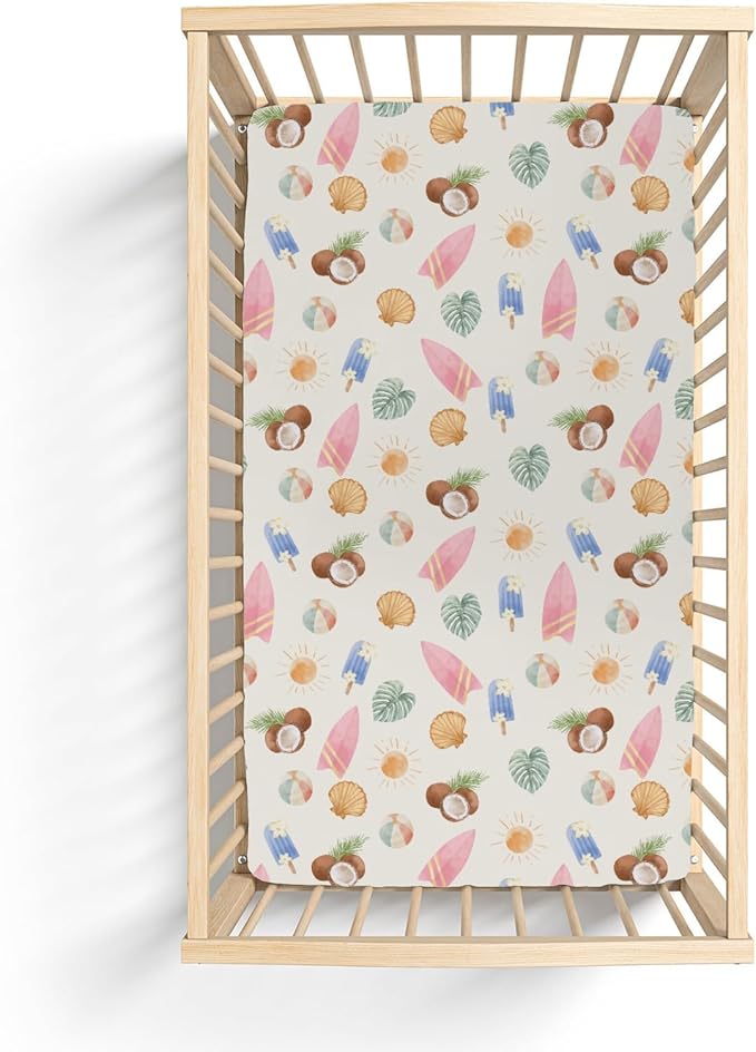 Neutral Summer Beach Baby Crib Sheets for Boy Girl 52x28Inch Surfboard Coconut Seashells Sun Balls Soft Snug Fitted Crib Mattress Cover Seaside Holiday Baby Sheet for Crib and Toddler Bed Mattress