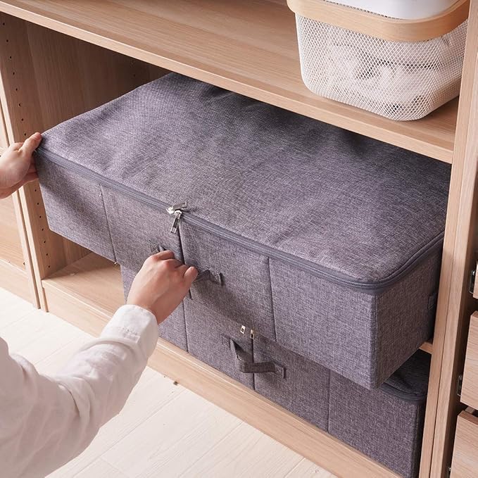 iwill CREATE PRO Underbed Storage Boxes for Bedding/Garment/Duvets/Blankets/Shoes, Folding Fabric Rigid Under bed Storage Bins with Zip Lid, Washable, Black Gray
