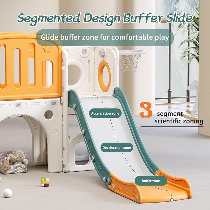 8 in 1 Toddler Slide,Kids Climber Slide with Storage Space and Non-Slip Steps,Indoor Outdoor Playset with Basketball Hoopa and Telescope,Slide for Toddlers Age 1-8 (White+Orange)