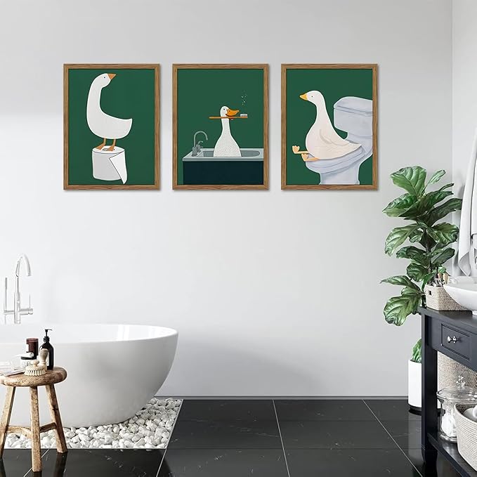 Framed Silly Goose Wall Art Bathroom Art Wall Decor Set of 3, Funny Gooses Poster Print, Dark Green Nursery Decor, Cute Animal Pictures Canvas for Kids Bathroom Washroom – 16x24 inch