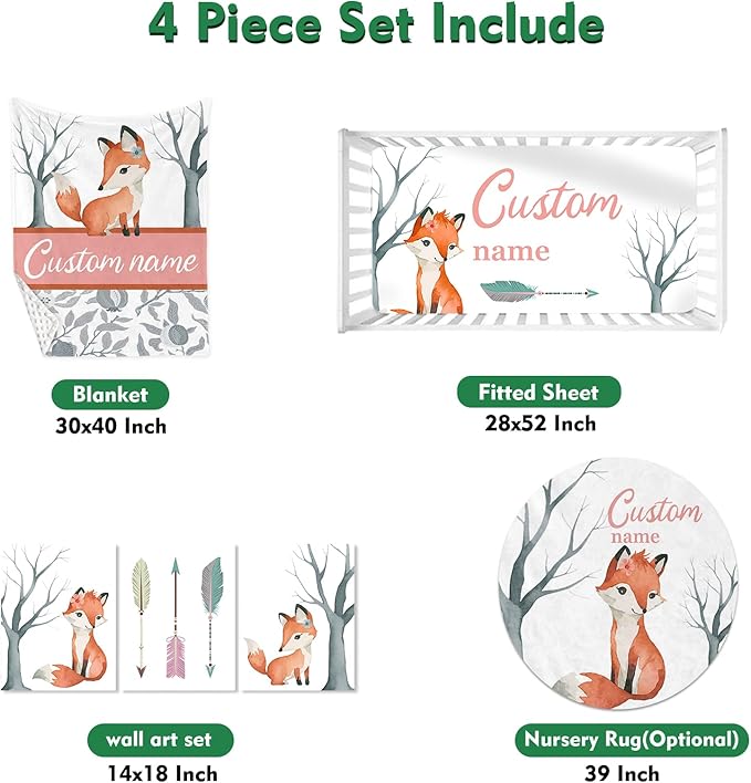 Personalized Baby Crib Bedding Set: 4 Piece Custom Fox Pattern Crib Bed Set with Name, Nursery Bedding Set for Baby Girls, Newborn Boys Crib Sets, Crib Bedding Custom Gift, Crib Sheet