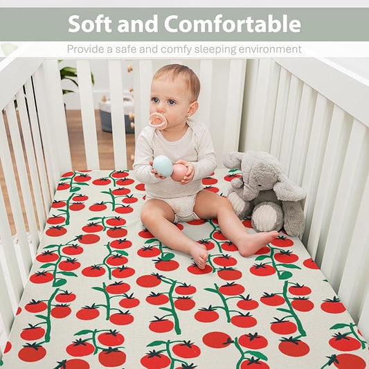 Sweet Red Tomatoes Baby Crib Sheets for Boy Girl 52x28Inch Cute Cherry Tomato Soft Stretchy Fitted Crib Mattress Covers Red Summer Tomato Fruit Baby Sheets for Standard Crib and Toddler Bed Mattress