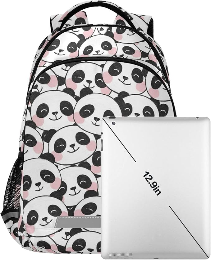 MNSRUU School Backpack with Chest Strap, Dot With Cute Panda Laptop Backpack, Travel Hiking Backpack for Boys Girls, Rucksack, Knapsack