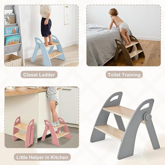 Wooden 2 Step Stool for Kids Bathroom Sink Foldable Anti-Slip 2-Step for Toilet Potty Training, Child Stepping Stool for Kitchen Nursery Bedroom, Sturdy Non Slip Adult Stool for Closet Grey