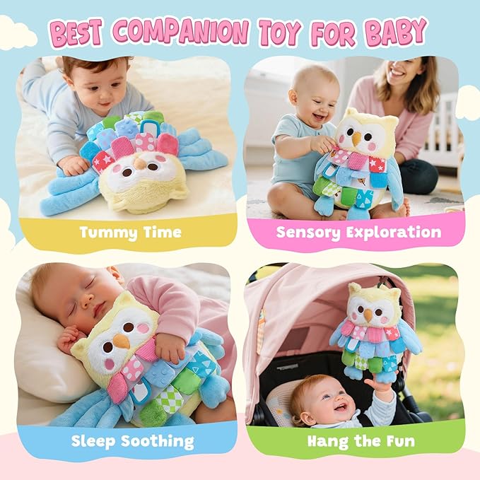 JoyCat Baby Toys for 0-12 Months,13 Inch Sensory Owl Stuffed Animal, Soft Montessori Tummy Time for Infant with Textured Crinkle Mirror, Carseat Toy for Newborn Boys & Girls Birthday Christmas Gifts