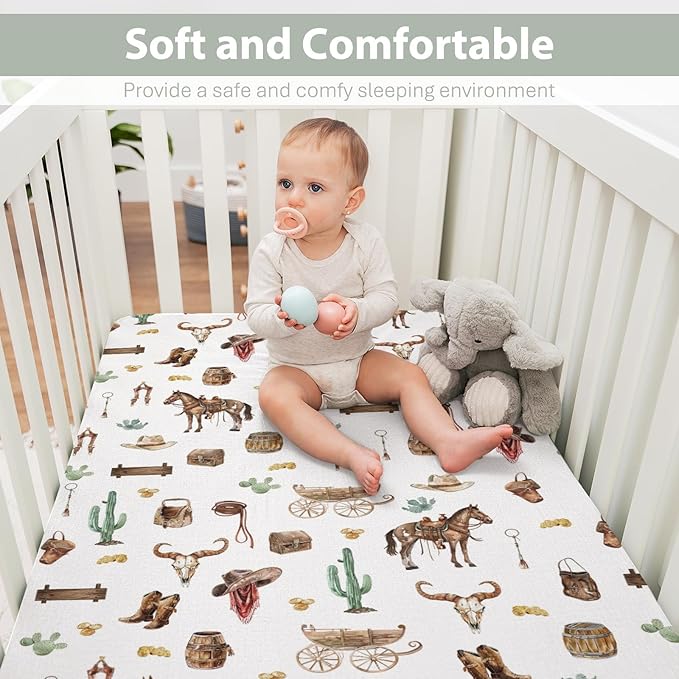 Western Cowboy Baby Crib Sheets for Boy 52"x28" Cowboys Horse Boots Hats Golds Cactus Soft Snug Fitted Crib Mattress Cover Wild West Cowboy Life Baby Sheet for Standard Crib & Toddler Bed Mattress