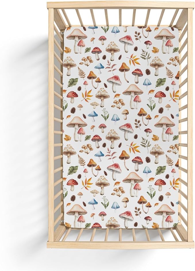 Watercolor Mushrooms Baby Crib Sheets for Boy Girl 52x28Inch Mushrooms Leaves Soft Stretchy Fitted Crib Mattress Cover Autumn Plant Baby Sheet for Standard Crib and Toddler Bed Mattress