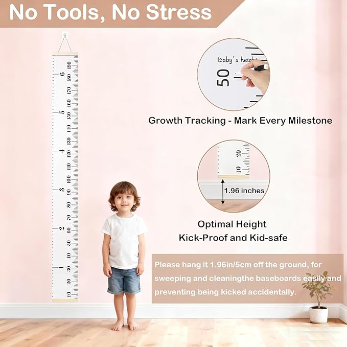 Baby Height Growth Chart, Kids Growth Chart for Wall, 77"x7.9" Premium Canvas Removable Height Chart for Kids Baby Child Toddler Boys Girls Height Measurement for Wall (Black & White)