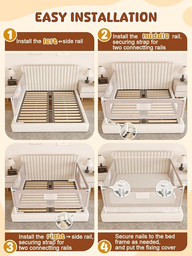 VBABY 3-Piece King Size Bed Rails for Toddler, Adjustable Height Baby Bed Rail Guard, Reinforced Bed Protection Fence for Baby, Grey, 74.8 x 78.7 x 78.7 in