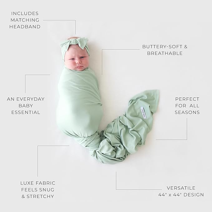 Posh Peanut Swaddle Blanket & Headband Set – Viscose from Bamboo Stretchy Baby Swaddle for Newborn Girls, Receiving Blanket or Nursing Cover (Sage)