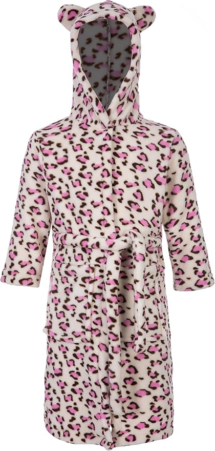 Kids Toddler Cartoon Hooded Plush Robe Leopard Pajamas Fleece Bathrobe Children Sleepwear
