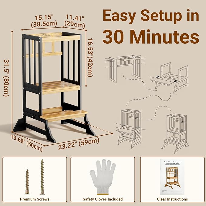 COSYLAND Kitchen Tower for Toddlers with Anti-Tip Support – Lightweight Toddler Kitchen Stool Helper for Bathroom Living Room Dining Room – Solid Bamboo Standing Tower (Natural & Black)