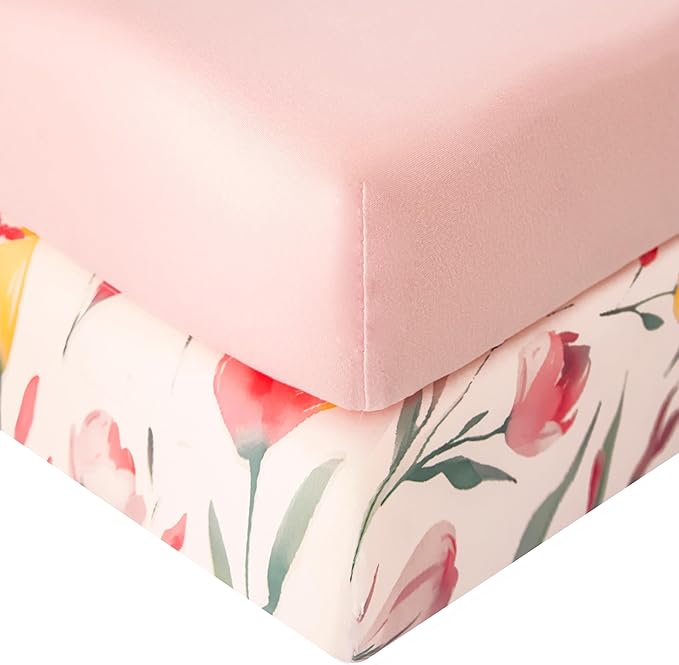 SDIII 2 Pack Pink Floral Crib Sheets for Baby Girl 52×28 Stretchy Microfiber Jersey Knit Pink Crib Sheets for Standard Crib and Toddler Mattress
