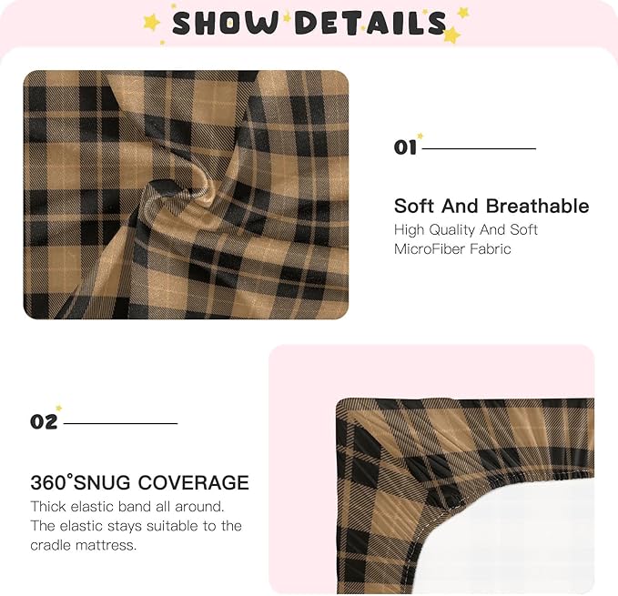 Brown Plaid Crib Sheets Soft Breathable Fitted Baby Playard Sheets Mattress Cover for Girl Boys, 39" x 27" x 5"