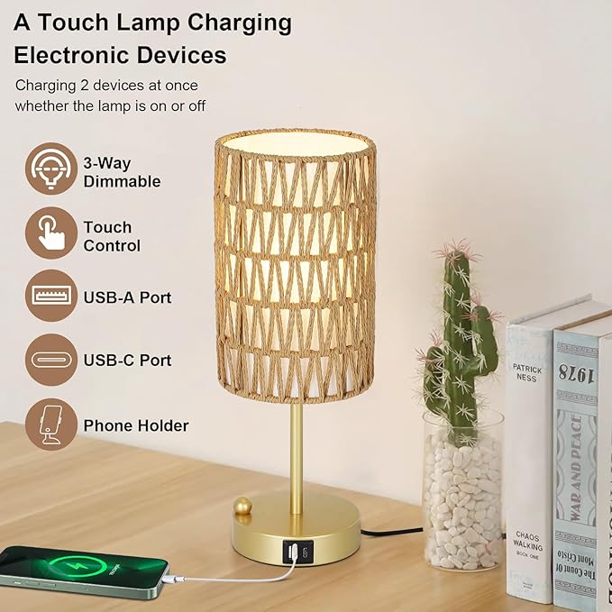 Eayaya Gold Bedside Lamps Set of 2, Touch Control Night Stand Lamp for Bedroom with Rattan & Linen Shade & Bulbs, 3 Way Dimmable Small Boho Table Lamps with USB Charging Port & Phone Stand