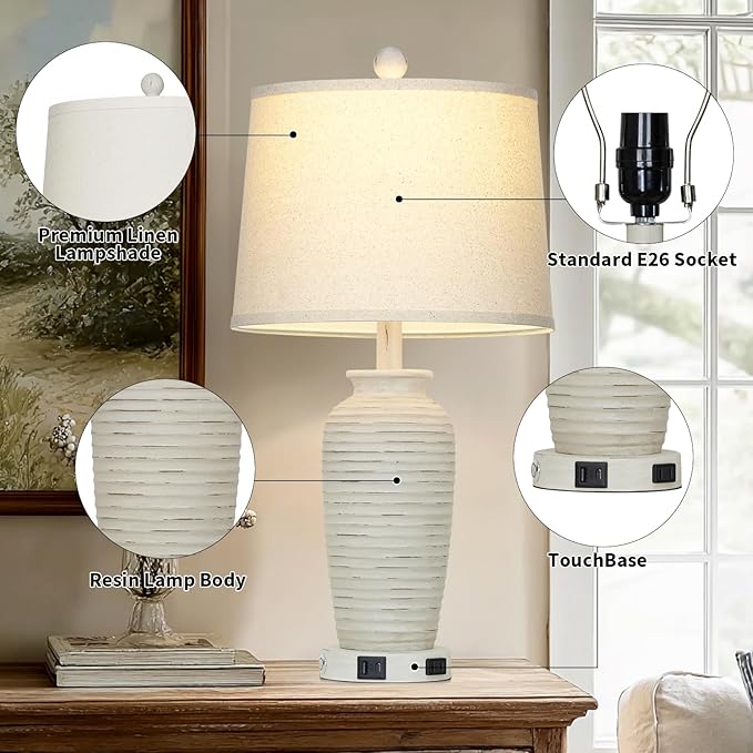 CINSARY 25" Retro White Farmhouse Jar Table Lamps for Living Room, 3 Way Touch Control Rustic Bedside Lamps with USB A+C Ports & AC Outlet, Pot Nightstand Lamps for Bedroom (LED Bulbs Included)