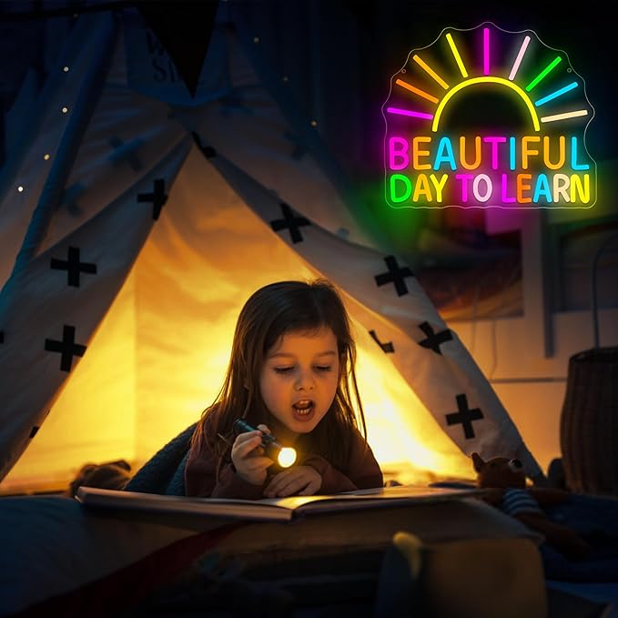 Beautiful Day To Learn Neon Sign for Wall Decor Dimmable Sunrise LED Neon Lights for Classroom Bedroom Decor Classroom Signs Positive Wall Art for Study Library Office Gifts Size 14.9 * 13in(GLNP301)