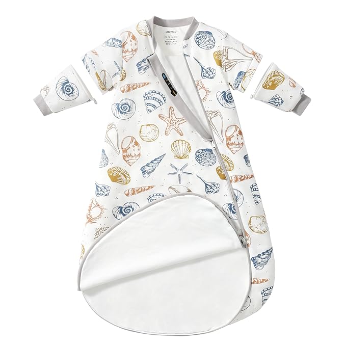 Baby Sleep Sack 3–6 Months, Cotton Sleep Sack with Detachable Long Sleeves, 1.0 TOG Wearable Blanket for Cooler Nights, 2-Way Zipper Toddler Sleeping Sack with Temperature Strip, Ocean