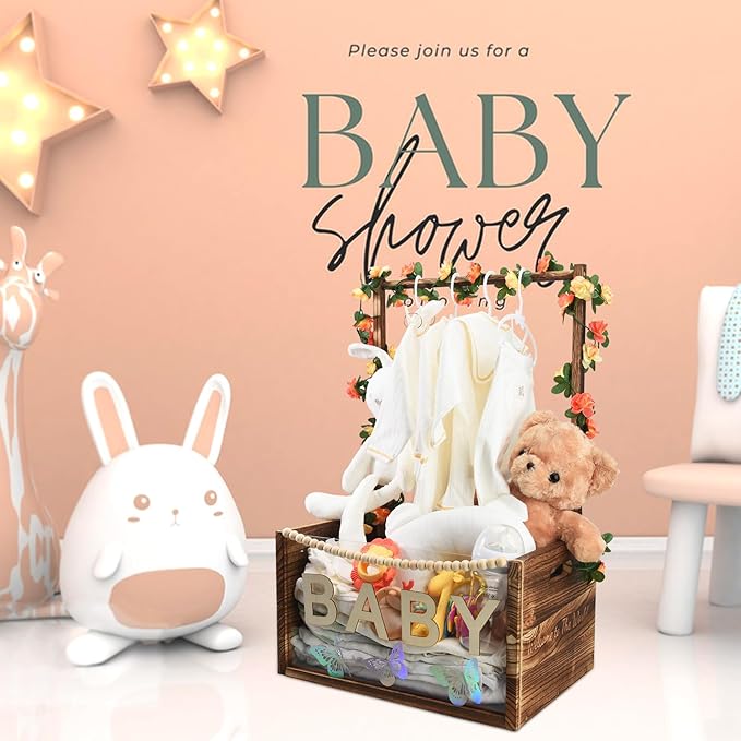 PIIOSER Baby Shower Crate Closet, Multifunctional Wooden & Acrylic Visible Baby Storage Box with Handle, Newborn Welcome Baby Toy Baskets for Boys Girls, Pregnancy Gifts for New Moms (Brown)
