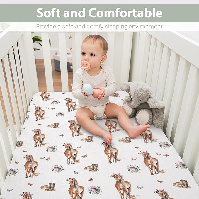 Floral Horse Cowgirl Baby Crib Sheets for Boy Girl 52x28Inch Cowgirl Boots Hat Flowers Butterflies Soft Snug Fitted Crib Mattress Cover Western Horses Baby Sheet for Standard Crib & Toddler Mattress
