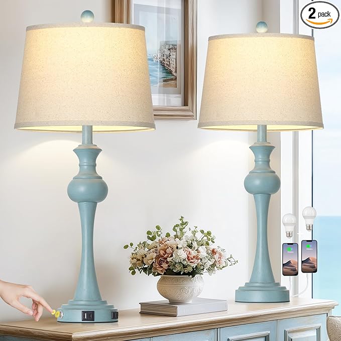 Cinyirong 29" Coastal Table Lamp Set of 2, 3-Way Dimmable Touch-Control Bedside Lamps with USB-A+C Ports, Vintage Farmhouse Nightstand Lamps for Bedroom, Retro Blue (Includes 2 LED Bulbs)